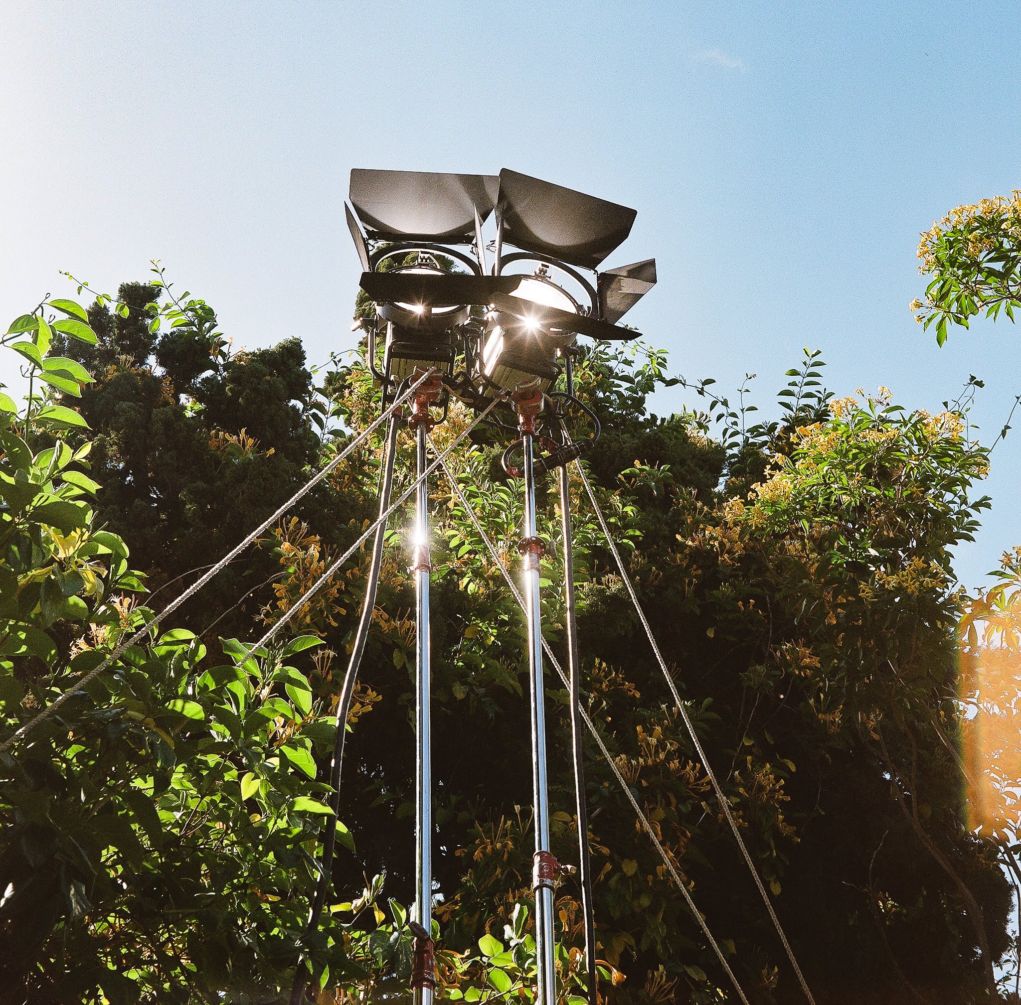 Outdoor film light rig above greenery
