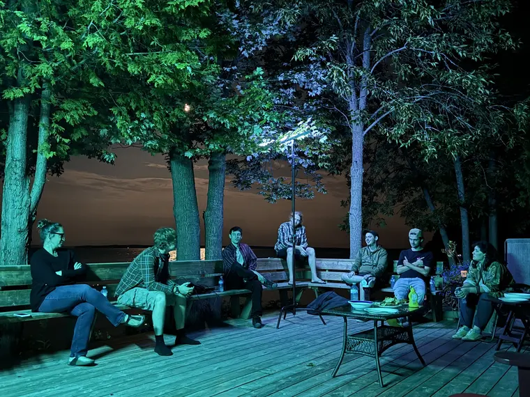 The Bruce Peninsula cast and crew gathered at night